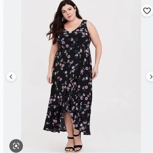 Torrid Black Floral Challis Maxi ankle Wrap Dress High Low Ruffle Sleeveless Siz